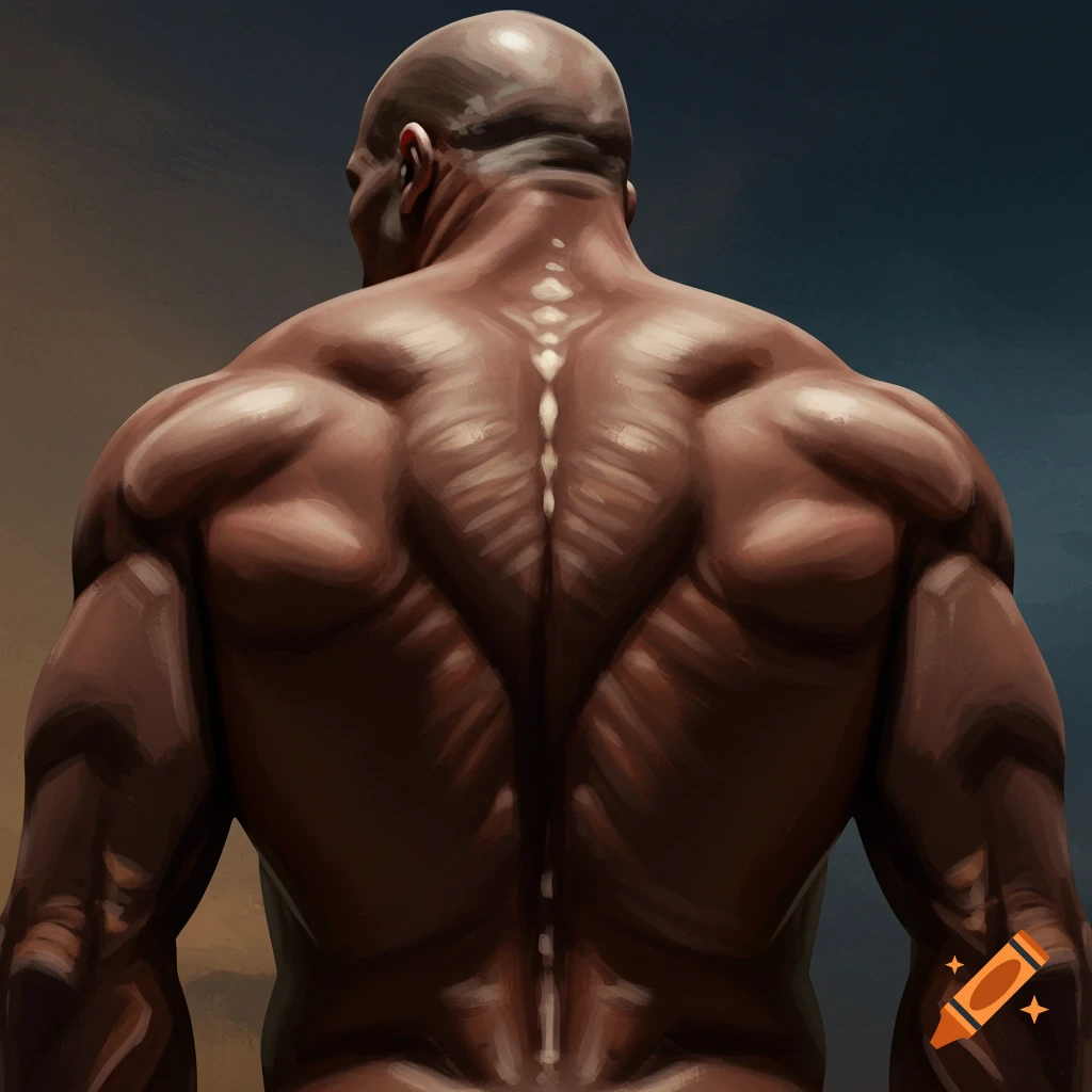 A bald person with a very muscular back, viewed from behind.