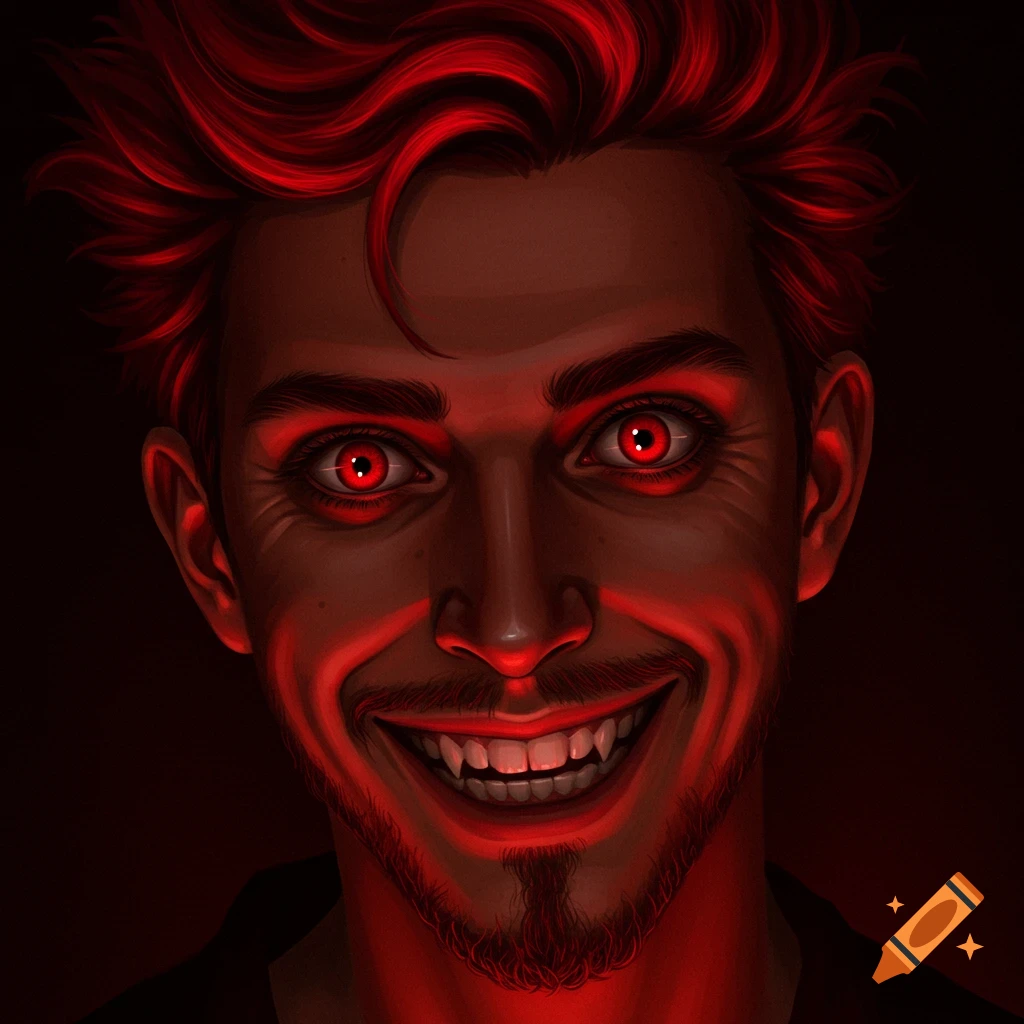 Portrait of a young man with red eyes, red hair, and a creepy smile with fangs, lit by red light.