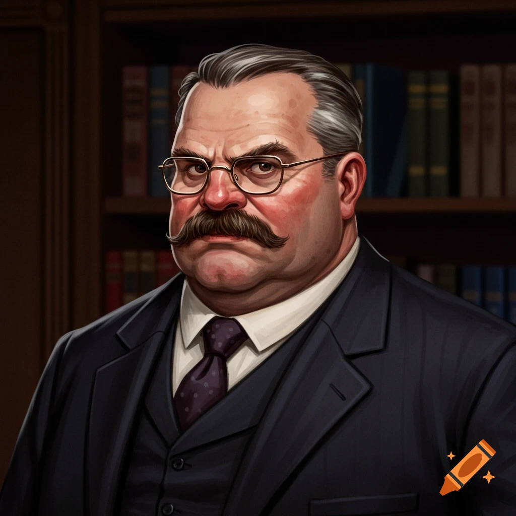 Portrait of an older man with a mustache and glasses in a suit, in front of a bookshelf.