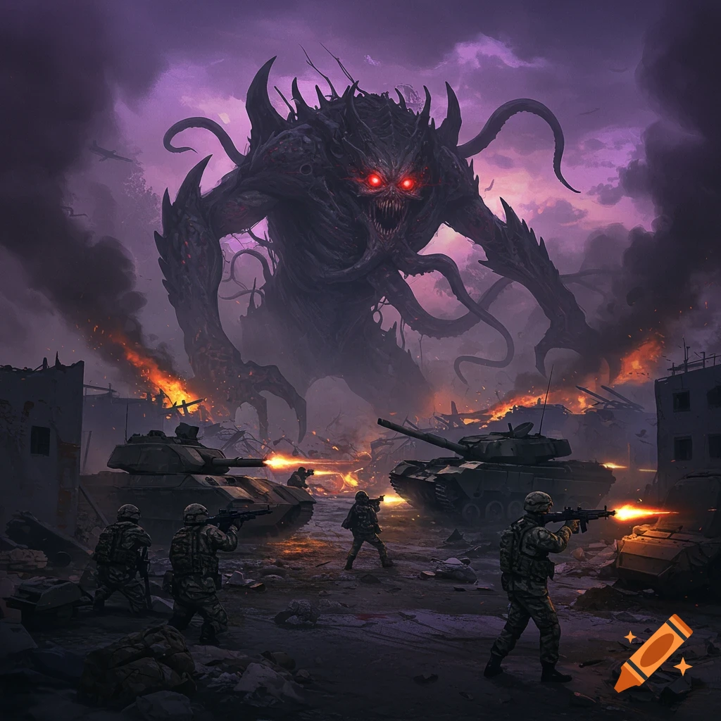 A giant, monstrous creature attacks soldiers and tanks in a ruined city.