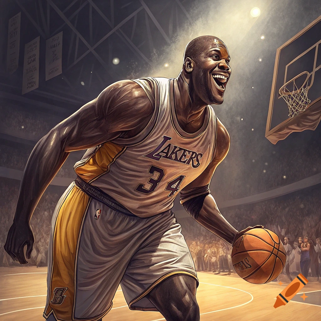 Illustration of Shaquille O'Neal in a Lakers uniform playing basketball.