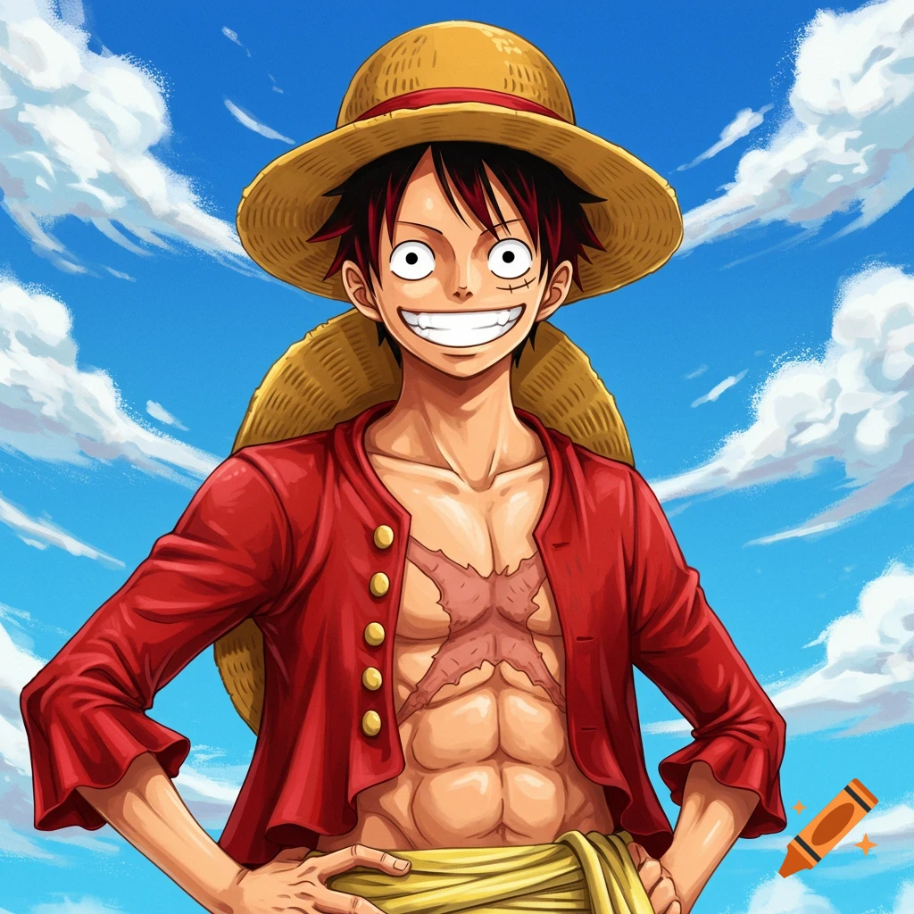 An image of the anime character Luffy smiling, wearing a straw hat and open red shirt.
