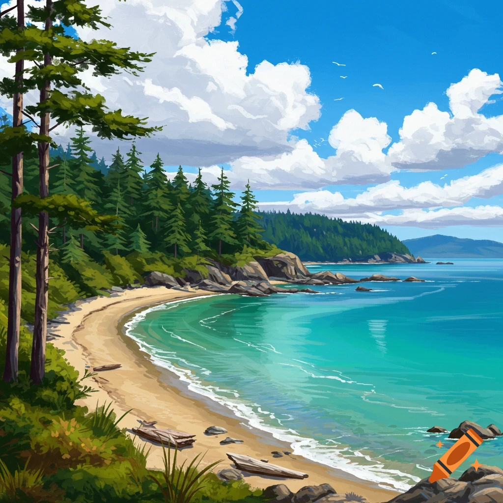 A sunny beach with turquoise water, green forest, and white clouds.