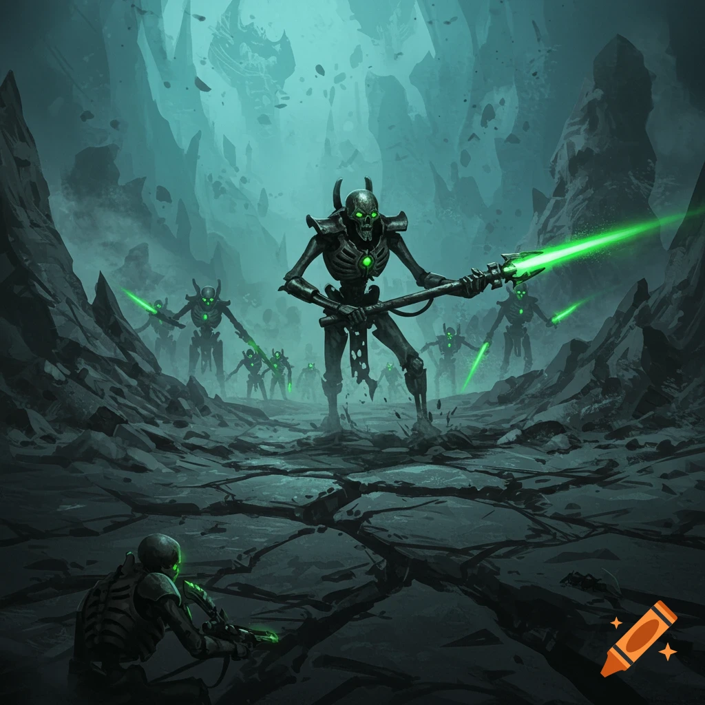 Dark metallic skeleton warriors with glowing green eyes and weapons emerging from cracked ground in a dark, rocky landscape.
