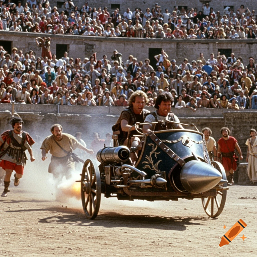 Rocket chariot races in a packed stadium with spectators and other runners.