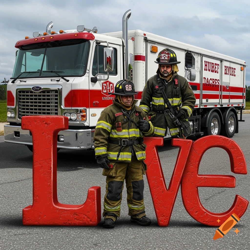 Two firefighters and a fire truck with large red LOVE letters.