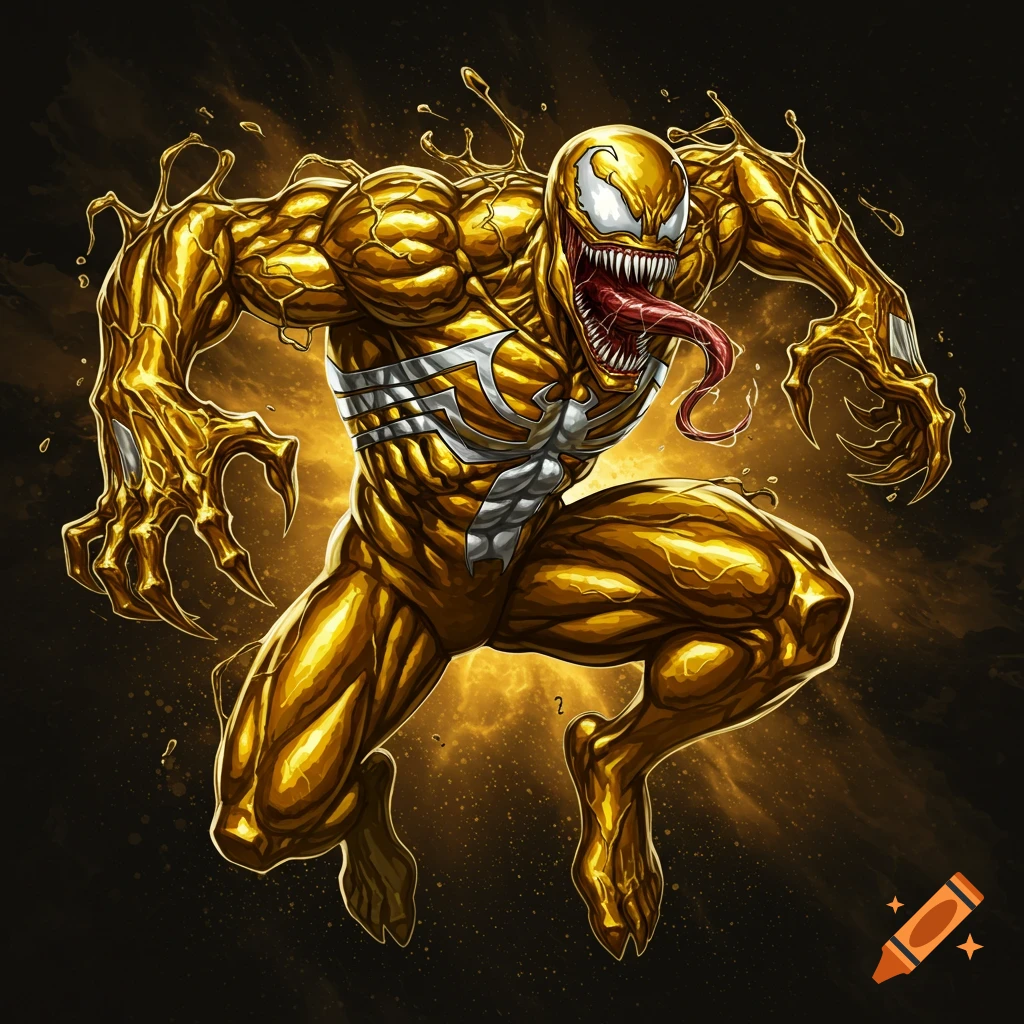 A gold and silver Venom character leaps forward with tongue extended.