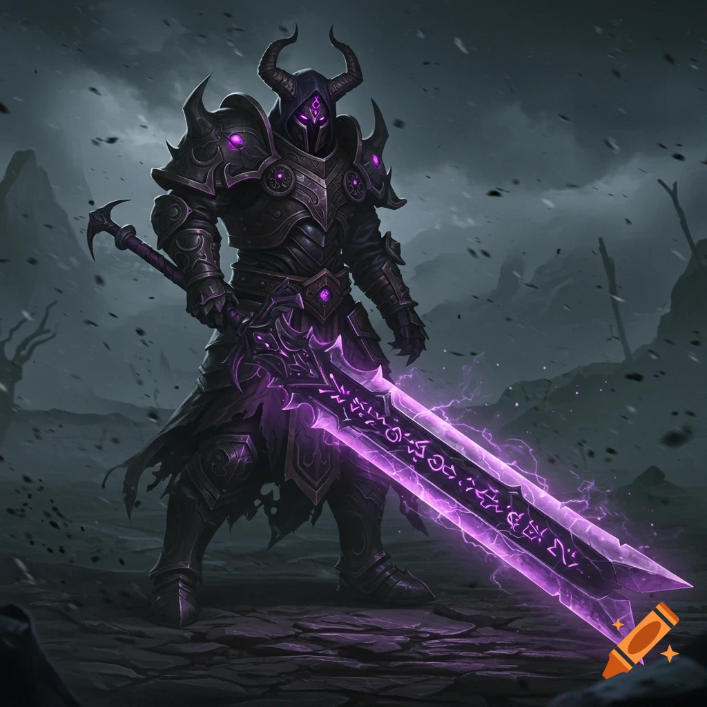 Figure in dark armor with horns holds a large glowing purple greatsword in a desolate landscape.