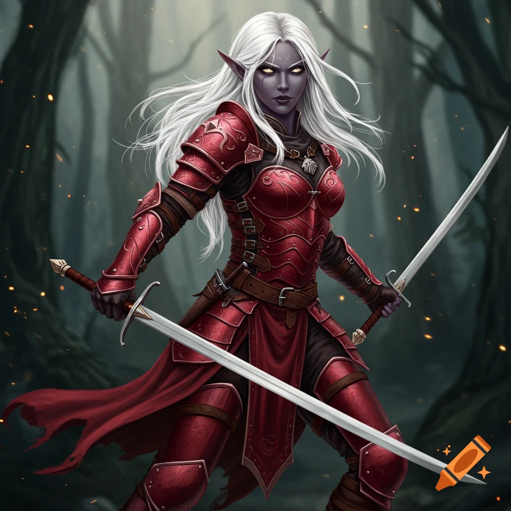 A female drow elf warrior in red armor dual-wielding swords in a forest.