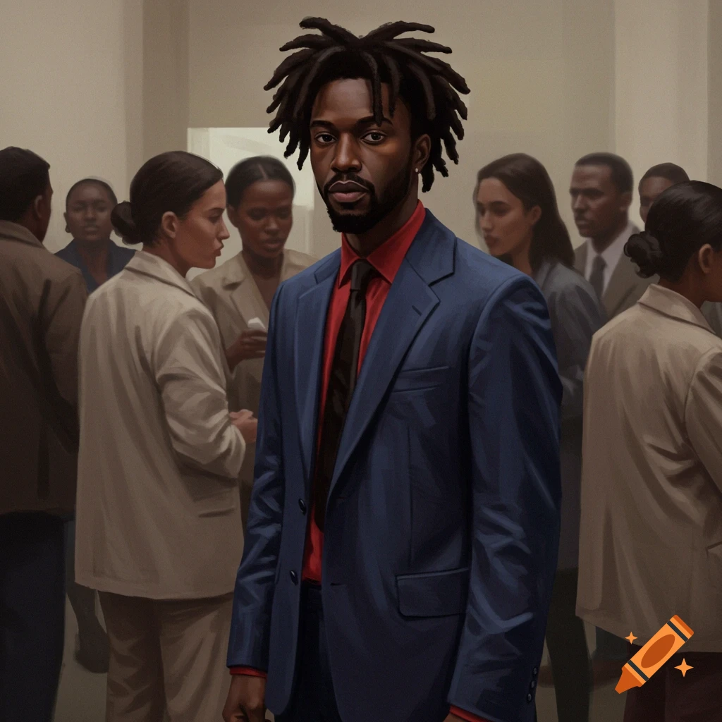 A black man in a blue suit and red shirt stands in a crowd.