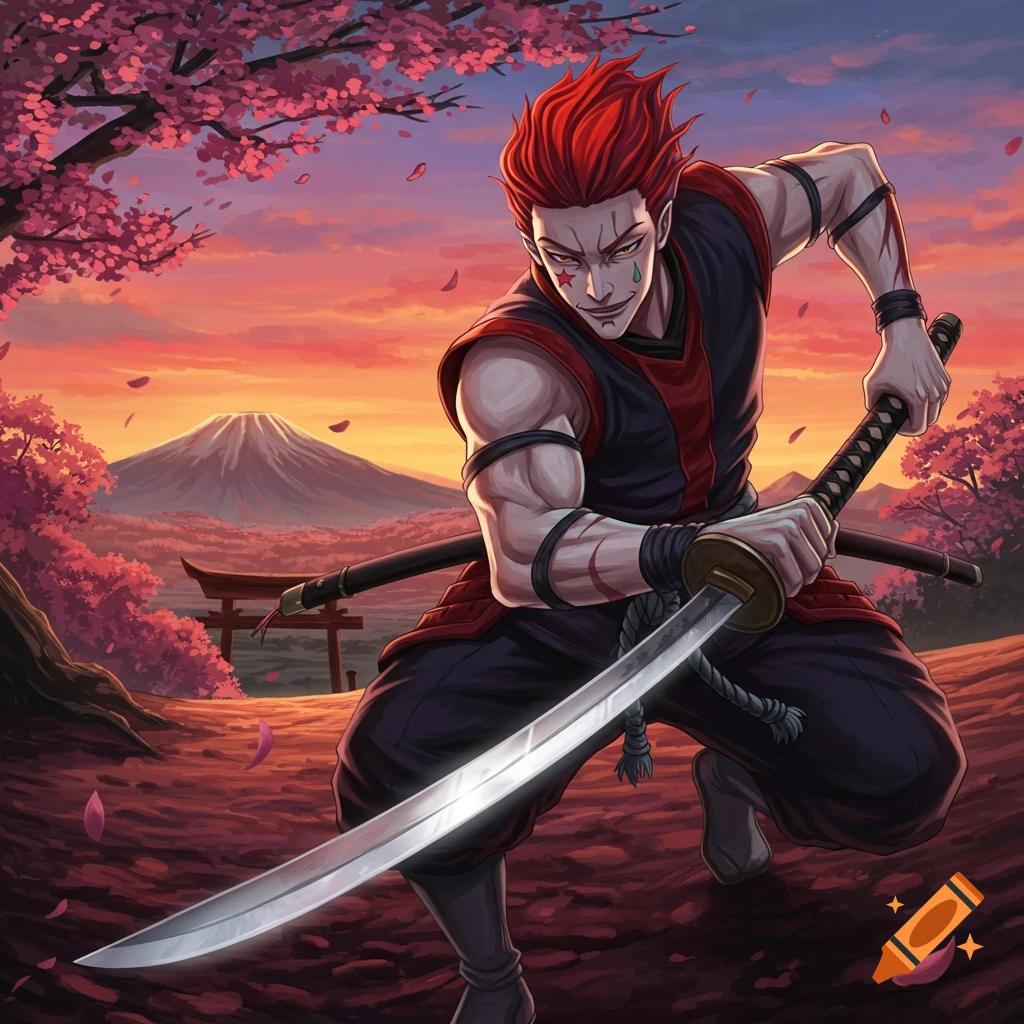 An anime character with red hair and face paint is depicted in a samurai pose under cherry blossoms, wielding a katana. Mount Fuji is visible in the background.