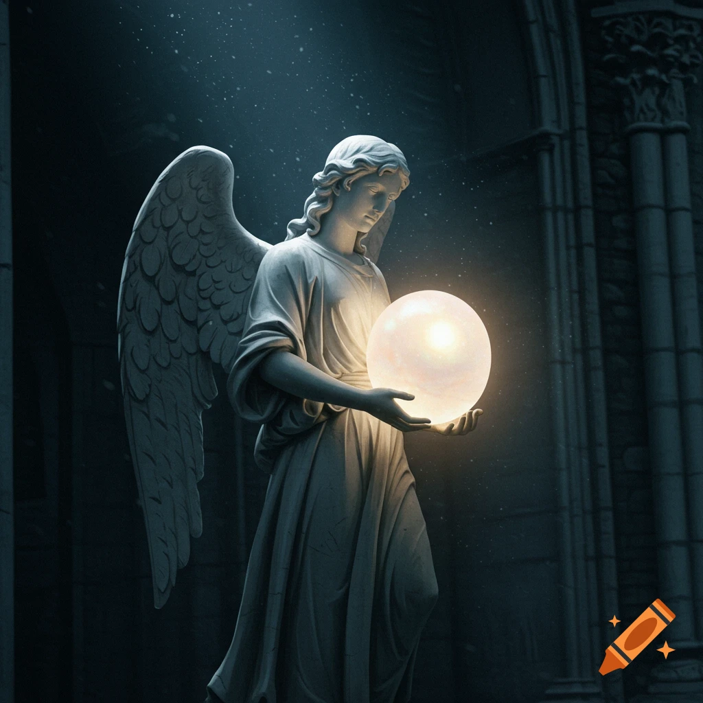 an angel statue in the dark holding a glowing sphere