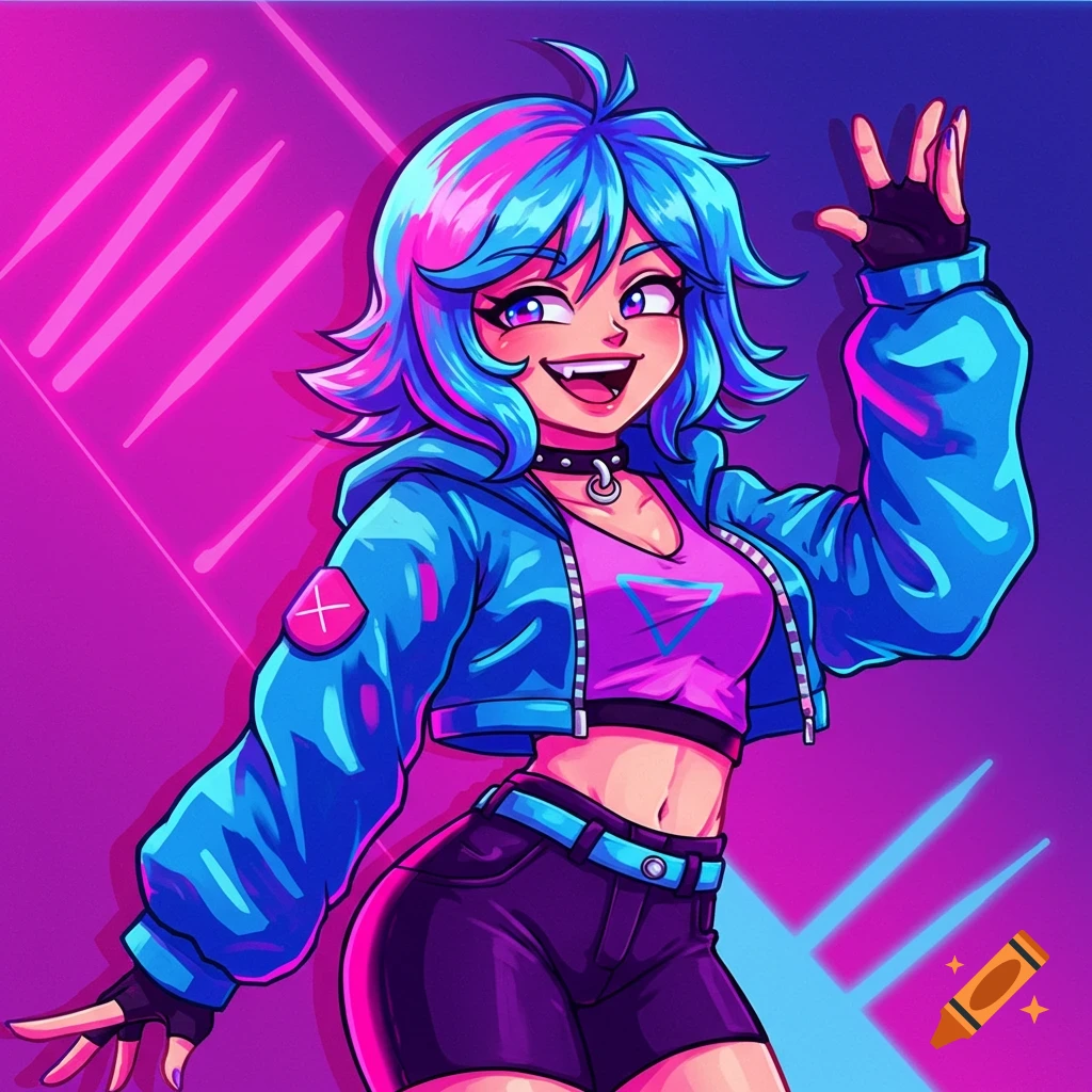 A smiling anime character with blue and pink hair in a neon setting.