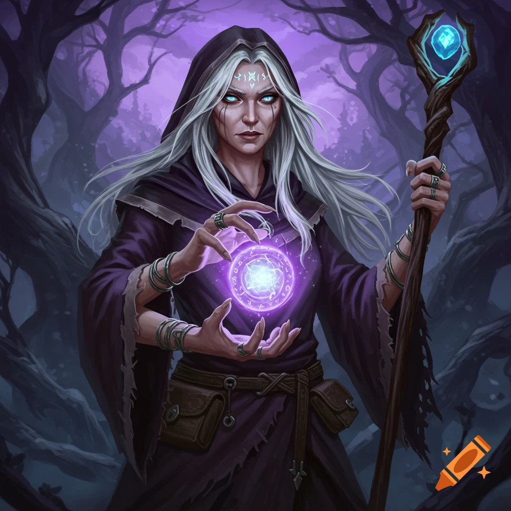 Female sorcerer holding a glowing magic orb and staff in a dark forest.
