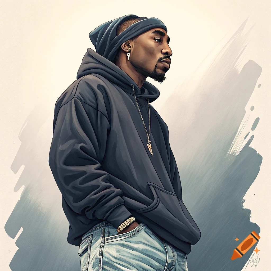 Illustration of a man resembling Tupac Shakur in a hoodie and beanie, hand in pocket.