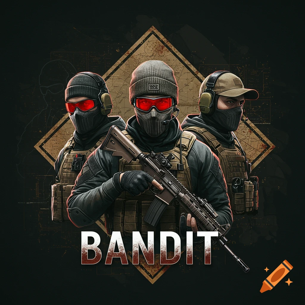 Stylized logo featuring three masked figures in tactical gear with a rifle, diamond map background, and the word BANDIT.