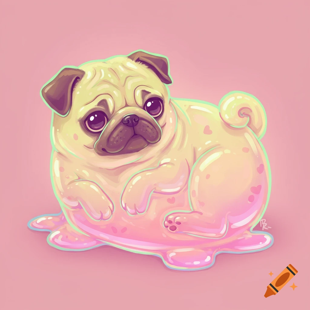 A cute pug melting like jelly on a pink background.