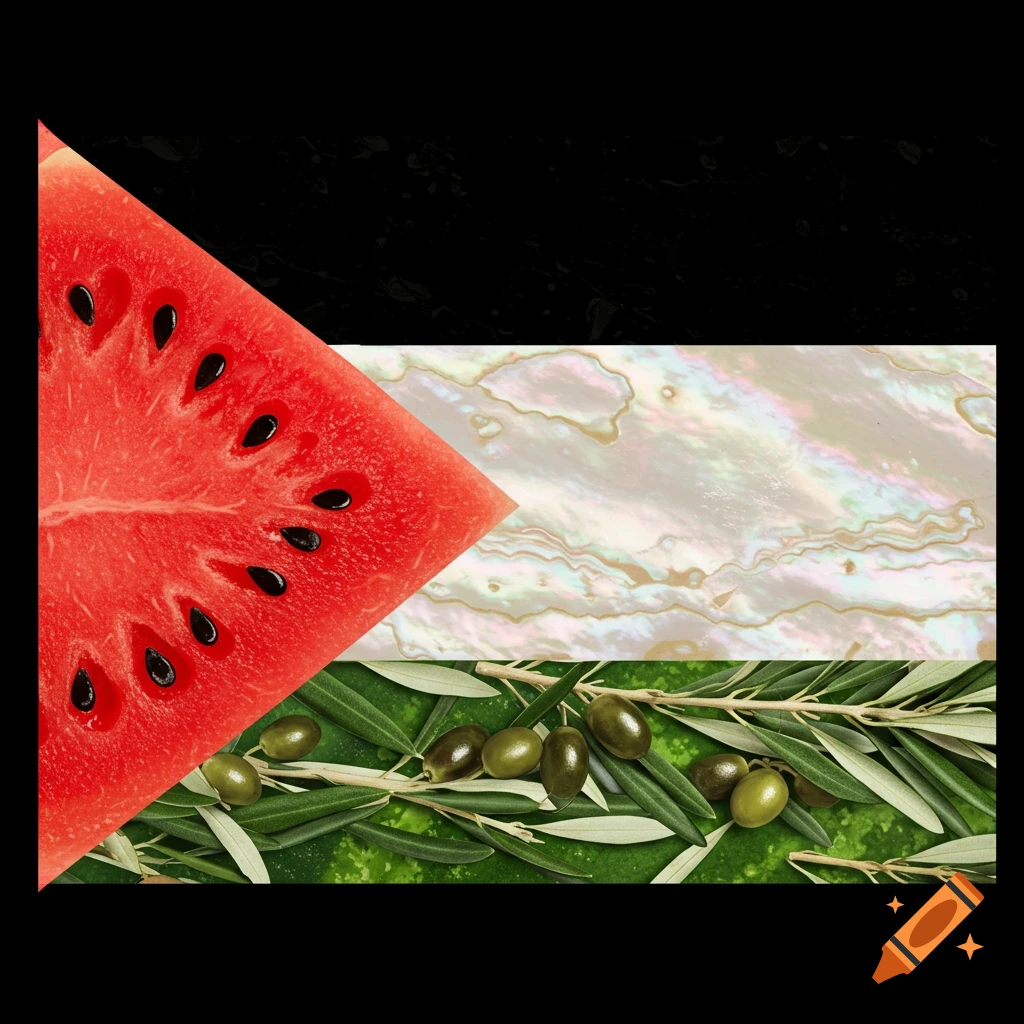 A composition resembling the Palestine flag made of a watermelon slice, mother of pearl texture, and olive branches with olives.