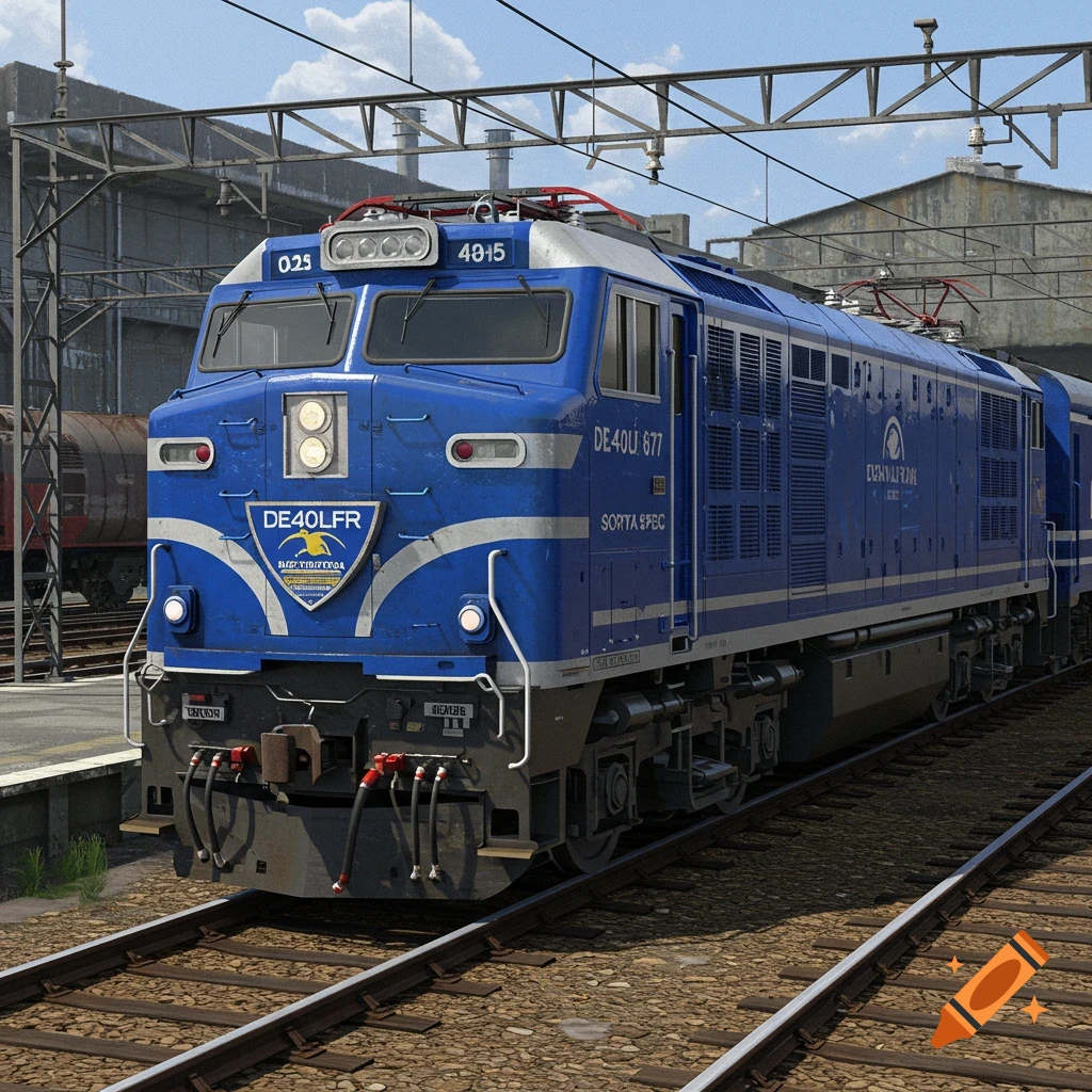 Photorealistic image of a blue diesel train with white stripes and labels stopped at a station platform.