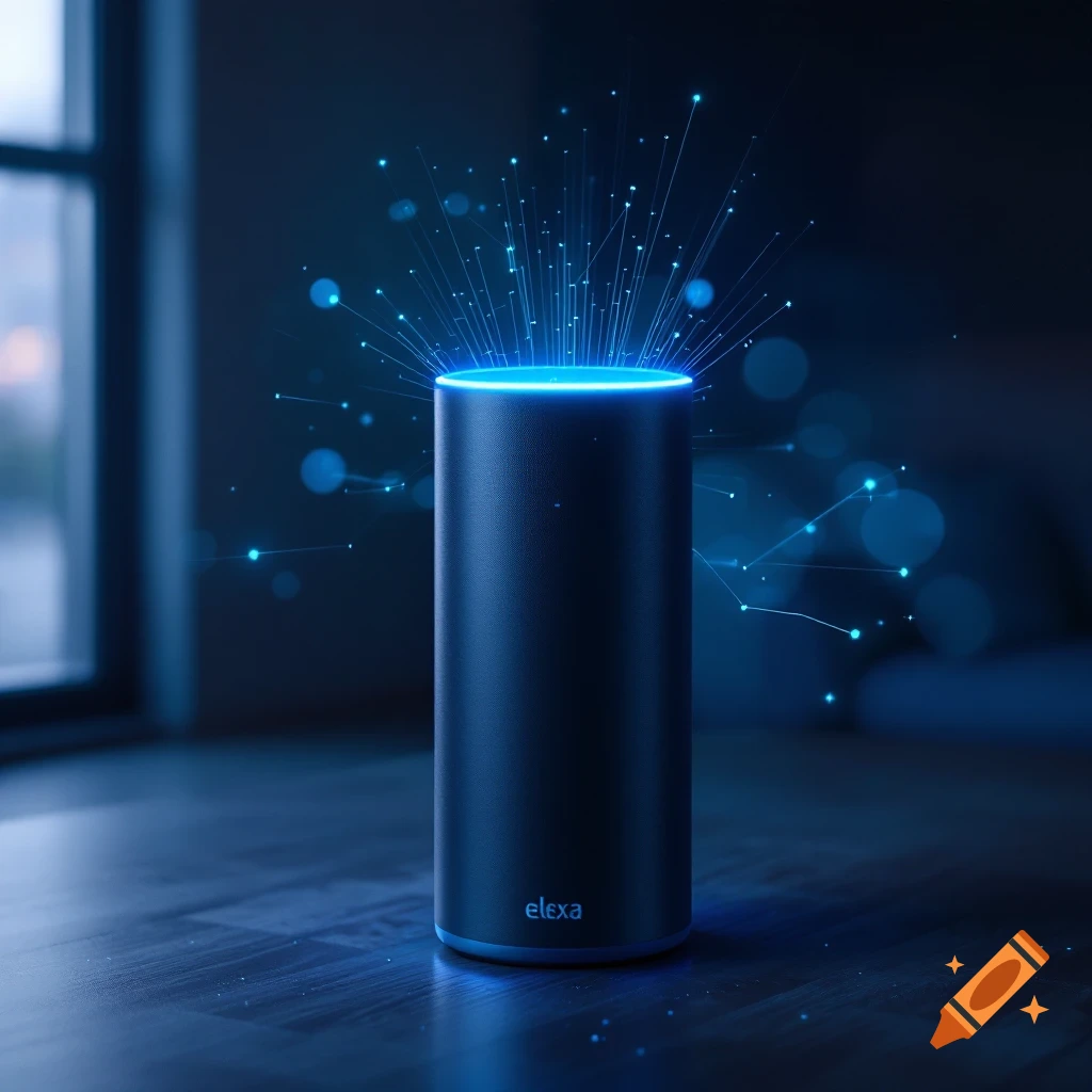 Digital art of a dark cylindrical smart speaker glowing blue with data streams emanating from the top.