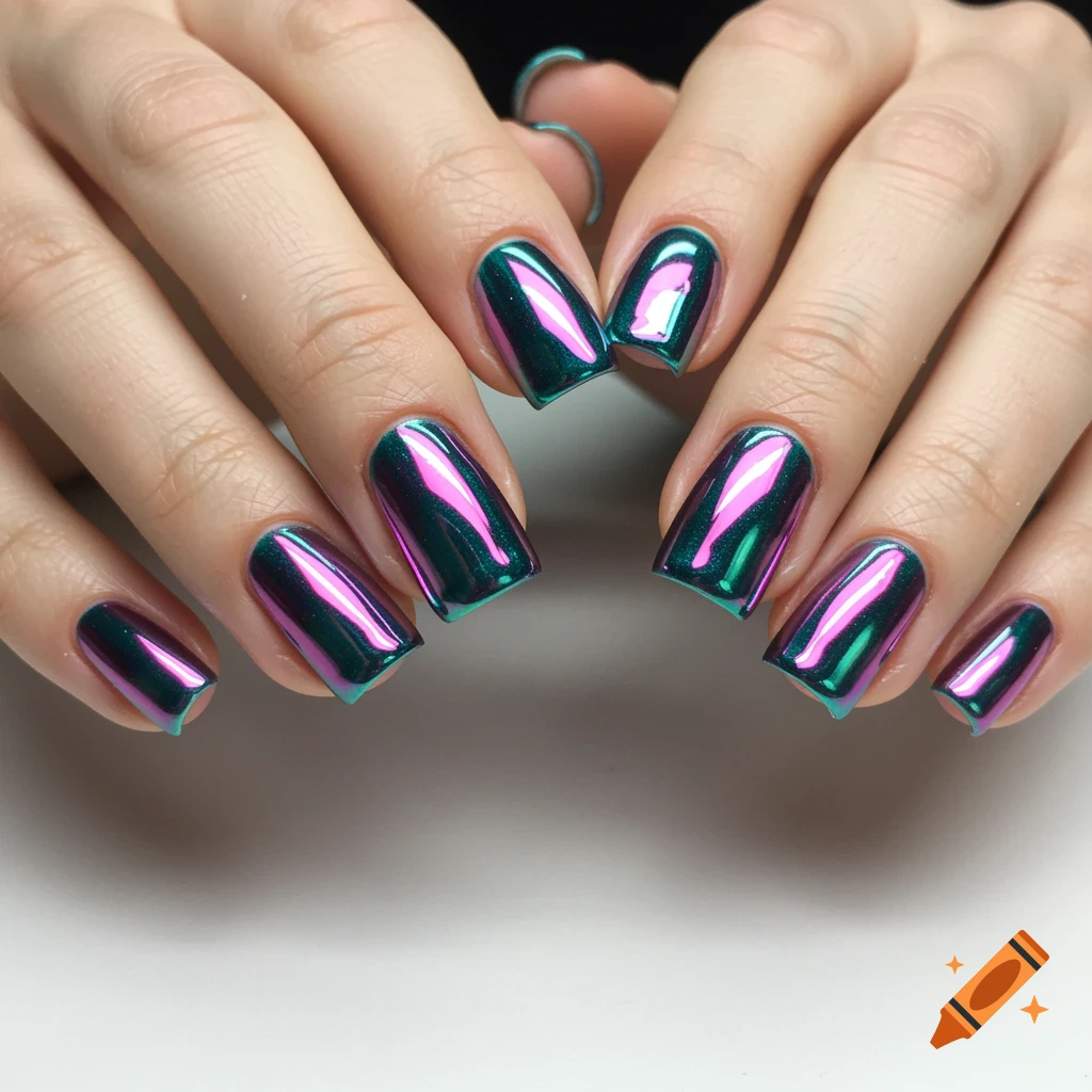 Close-up of hands with short teal and pink chrome nails