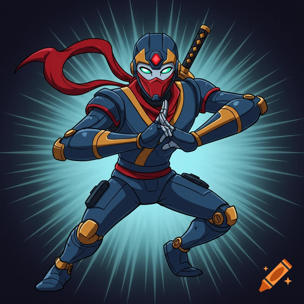 Futuristic robot ninja in a crouched pose against a starburst background, 2000s cartoon style.