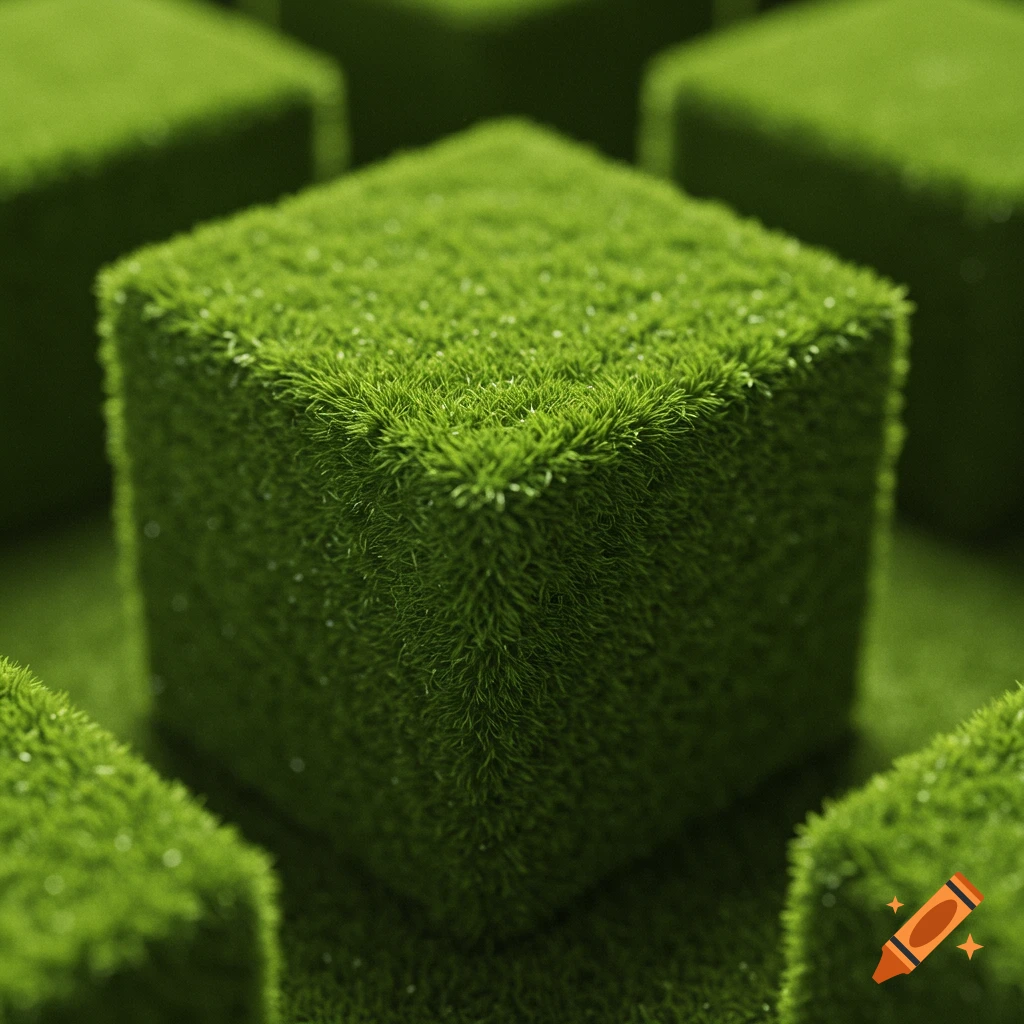 Close-up view of several cubes covered in dense green grass, resembling Minecraft blocks.