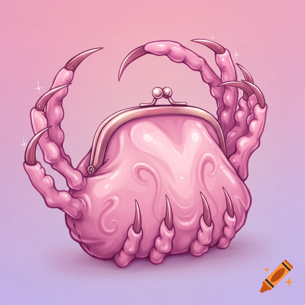 A pink monster claw purse sits on a gradient background.