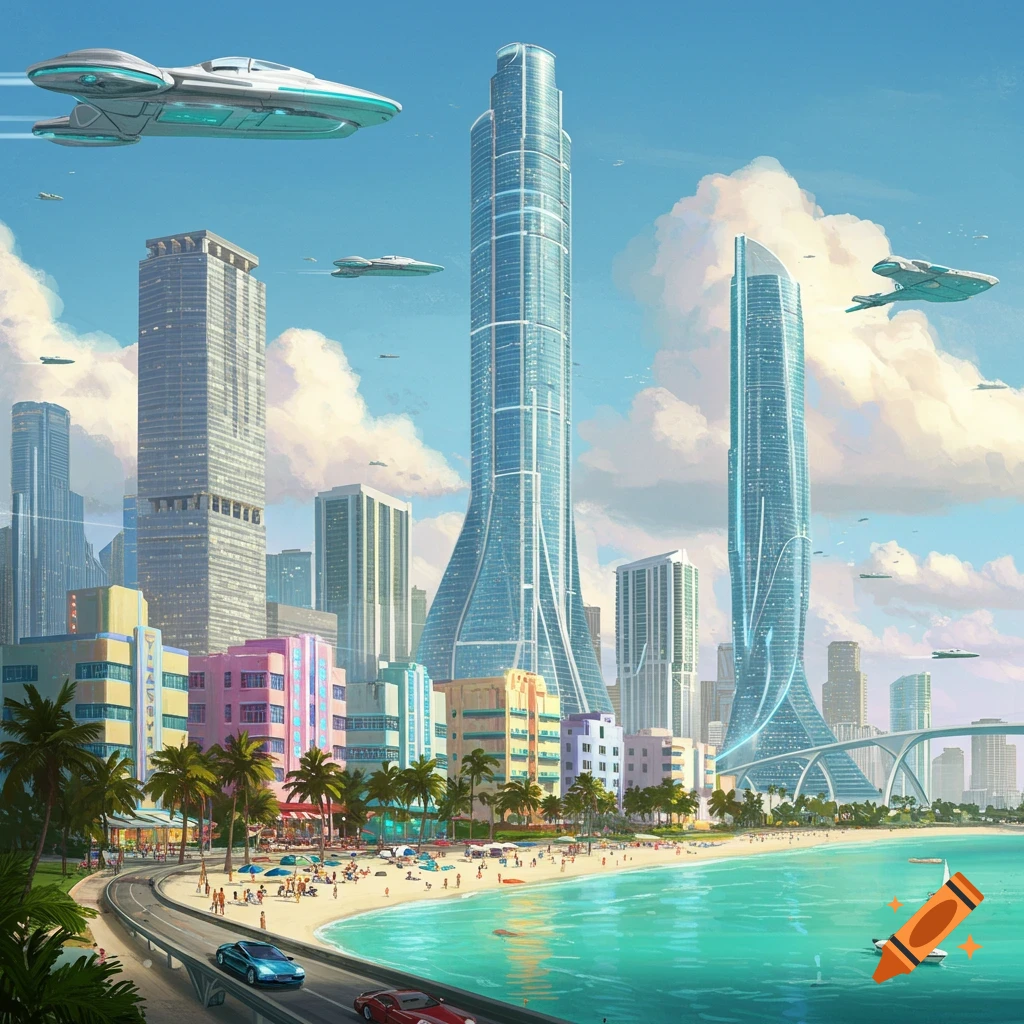 A futuristic Miami with skyscrapers, flying cars, beachgoers, and palm trees.