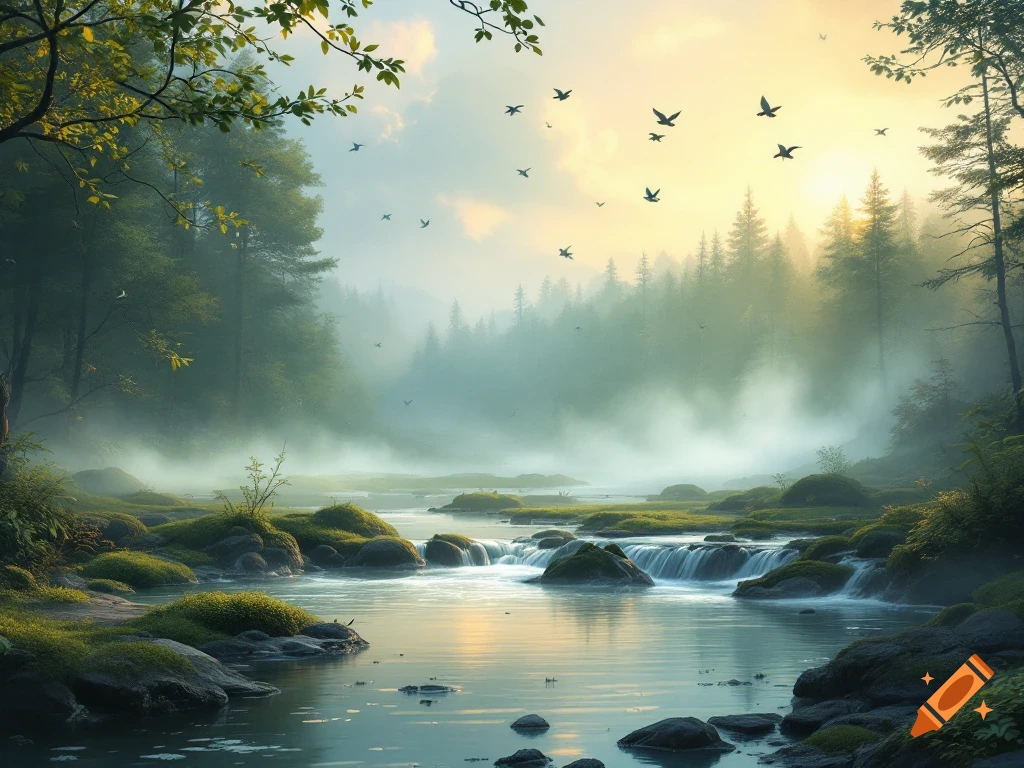 Misty forest landscape with river, rocks, birds, and morning light.