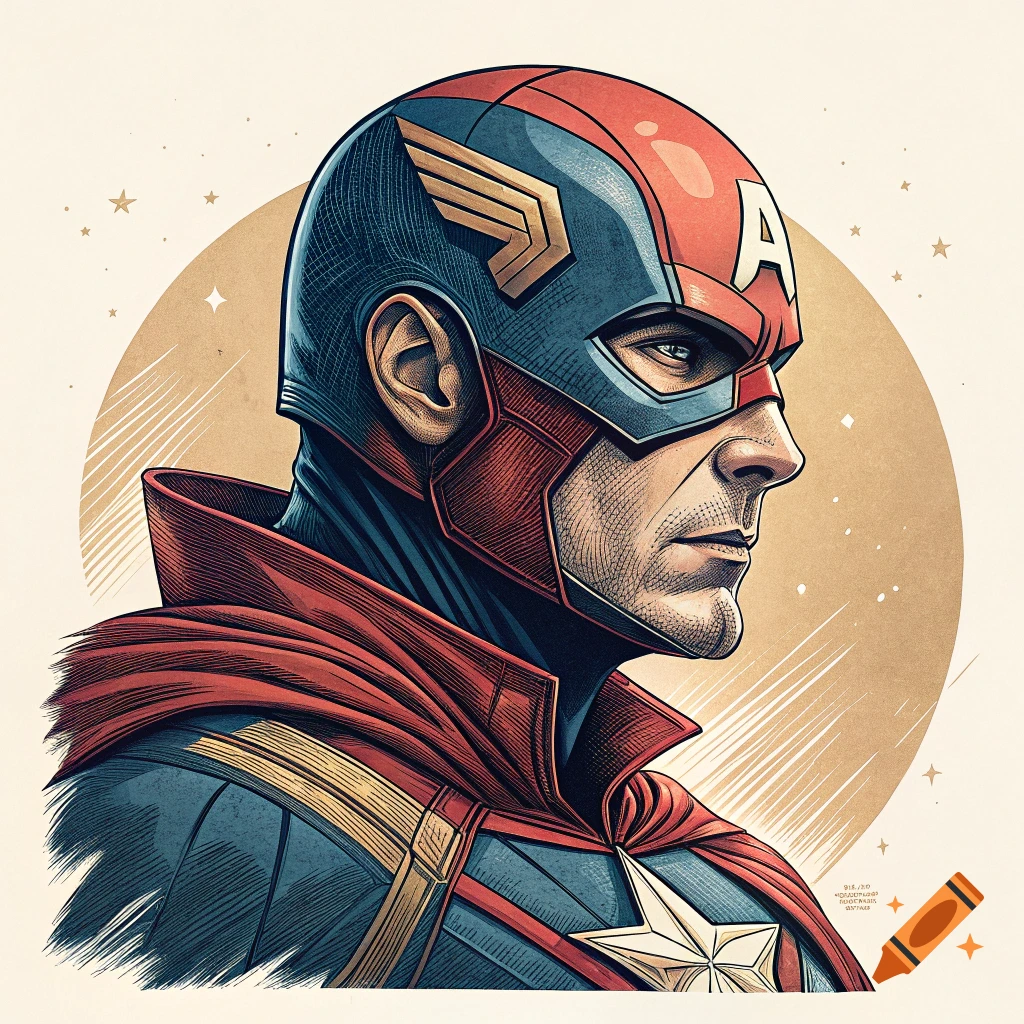 Stylized comic art portrait of a superhero in a red, white, and blue costume with an A on the helmet.
