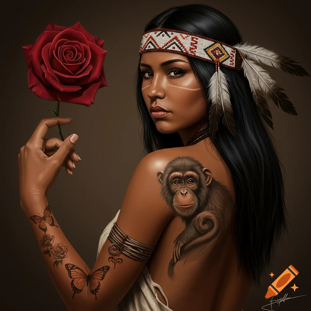 Hyper realistic portrait of a woman with a feather and bead headband, holding a red rose, showing a monkey tattoo on her shoulder and butterfly and rose tattoos on her arm.