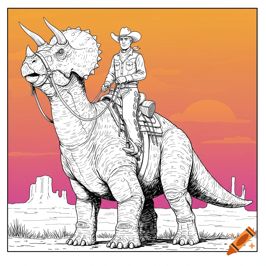 Line drawing of a cowboy riding a triceratops dinosaur at sunset in a desert landscape.