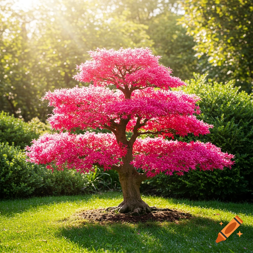 Pink bonsai tree in a sunny garden.