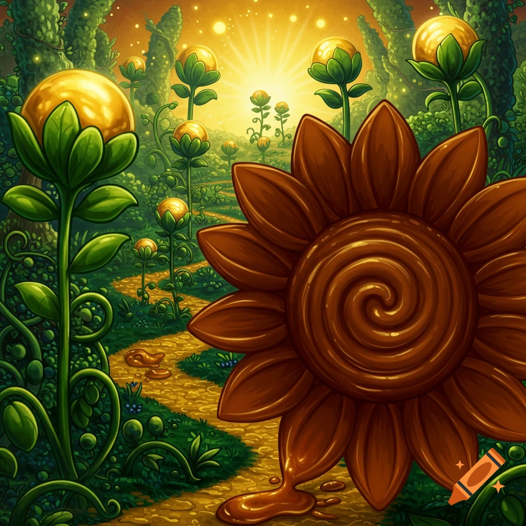 A large chocolate sunflower in a cartoon fantasy landscape with golden glowing spherical plants and a path.