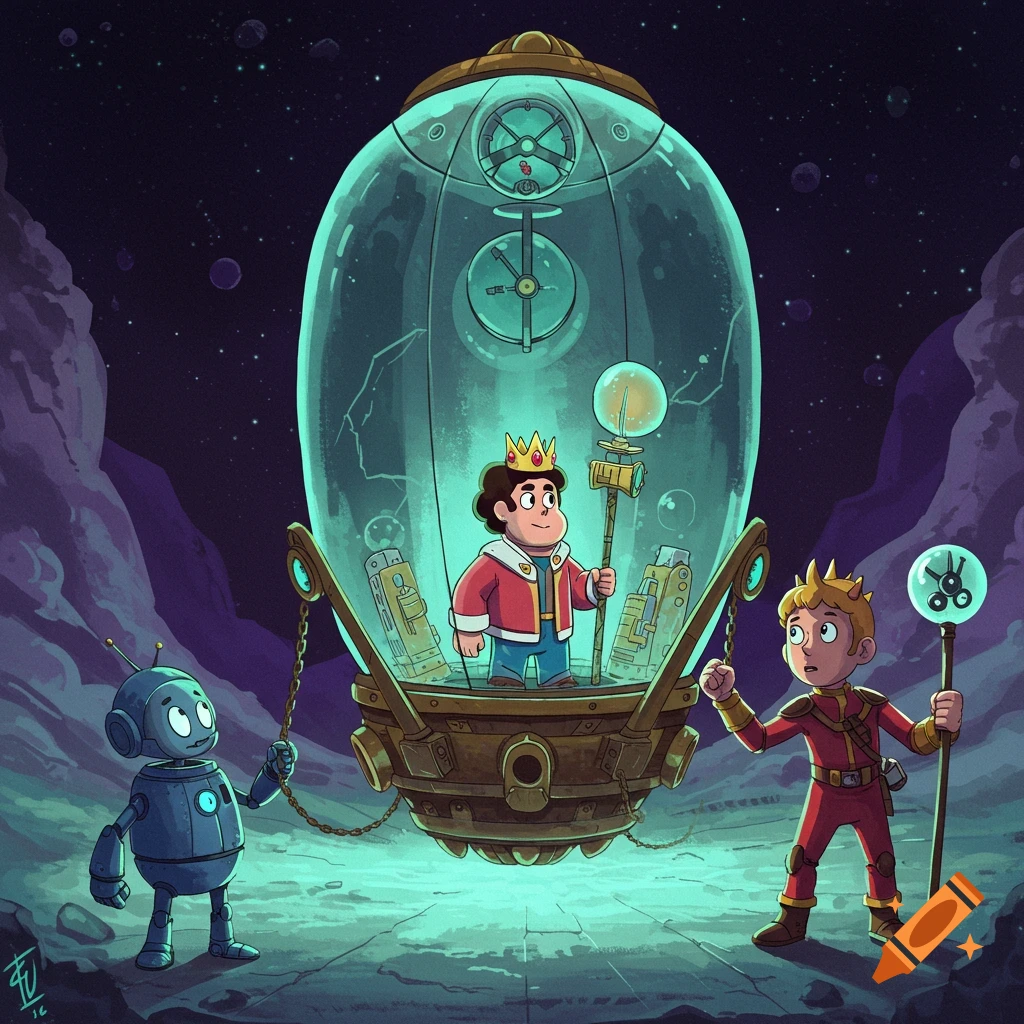 Cartoon characters and robot with a time machine in a space landscape