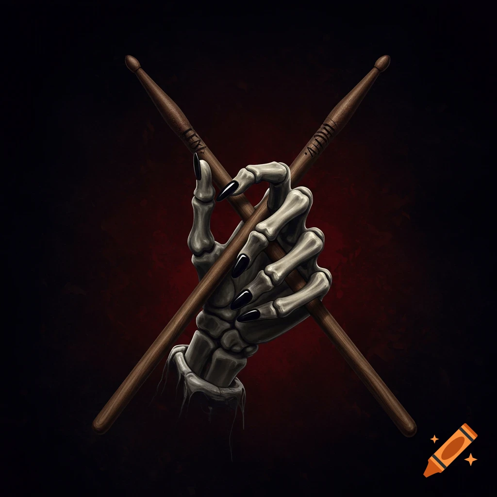 A skeleton hand holding crossed drumsticks.
