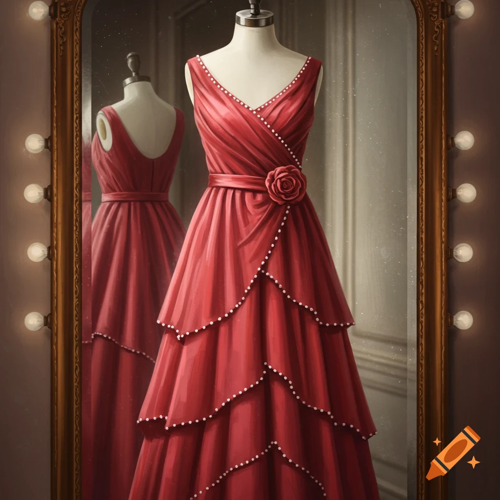 A red vintage dress with pearls and a rose on a mannequin reflected in a mirror with lights.