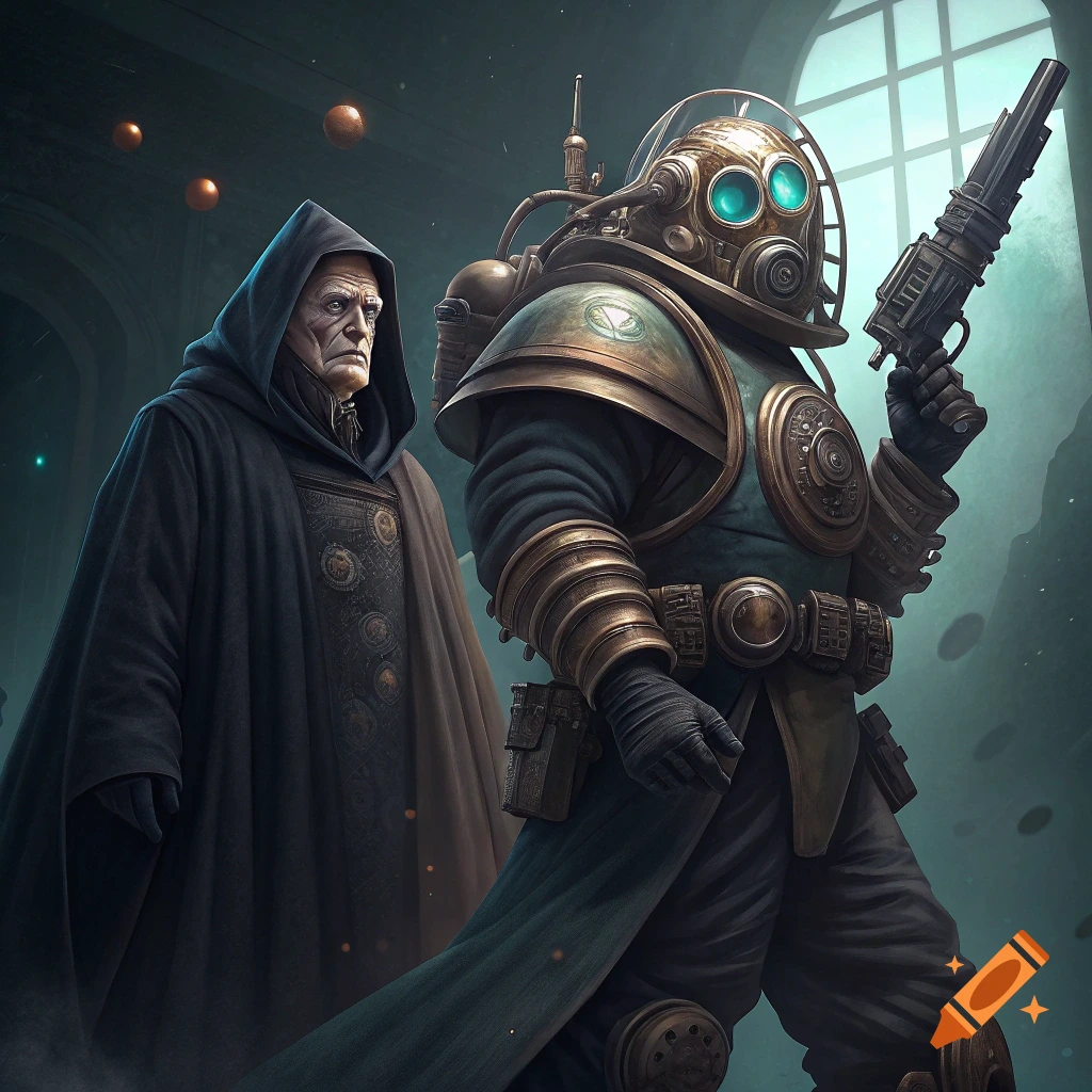 A cloaked figure and a bulky diving suit character with a gun stand in a dark, atmospheric room.
