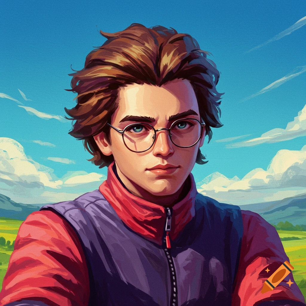 A young person with glasses wearing a vest outdoors with clouds in the sky.