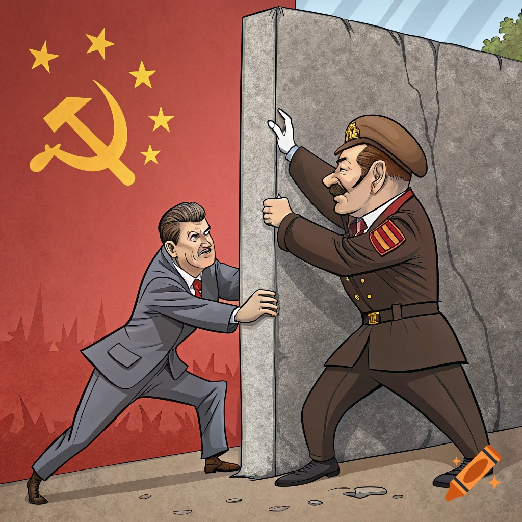 Cartoon of Ronald Reagan pushing one side of a wall and a Soviet leader pushing the other side.