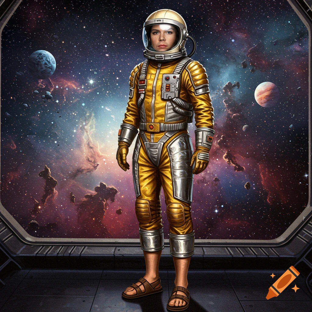 A person in a gold and silver spacesuit and sandals stands inside a spaceship, gazing out at the expanse of space.