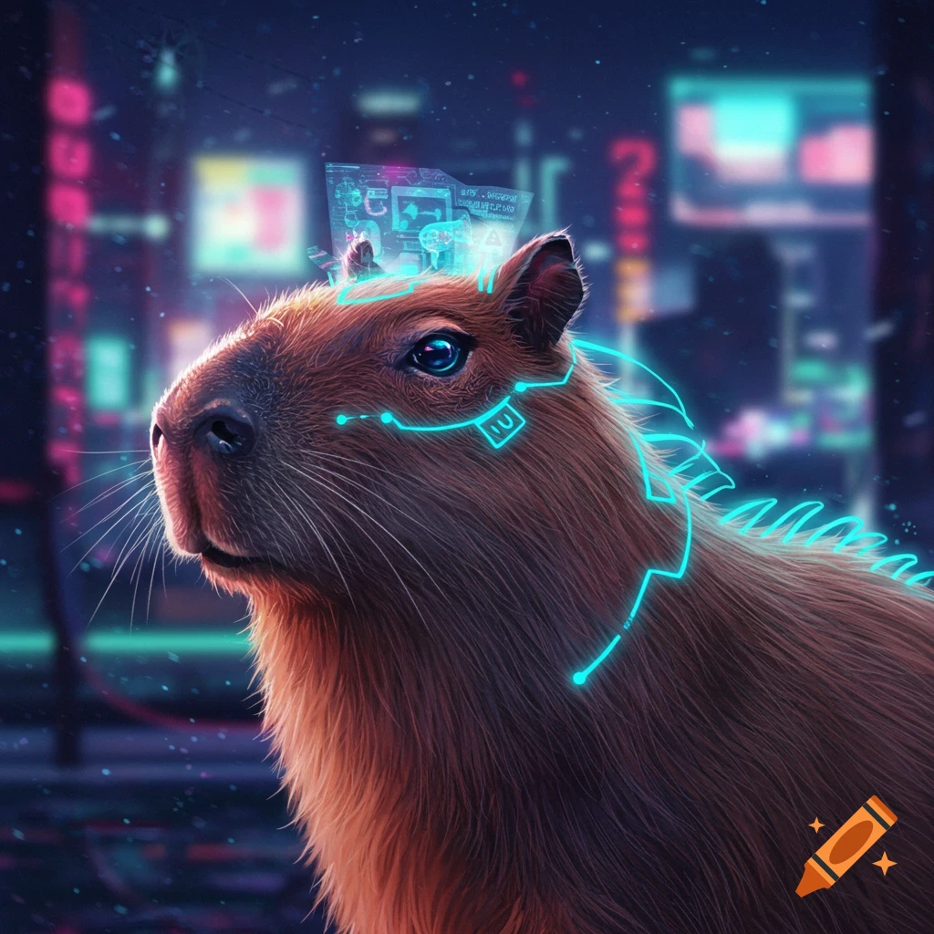 A cybernetic capybara in a neon cyberpunk city.