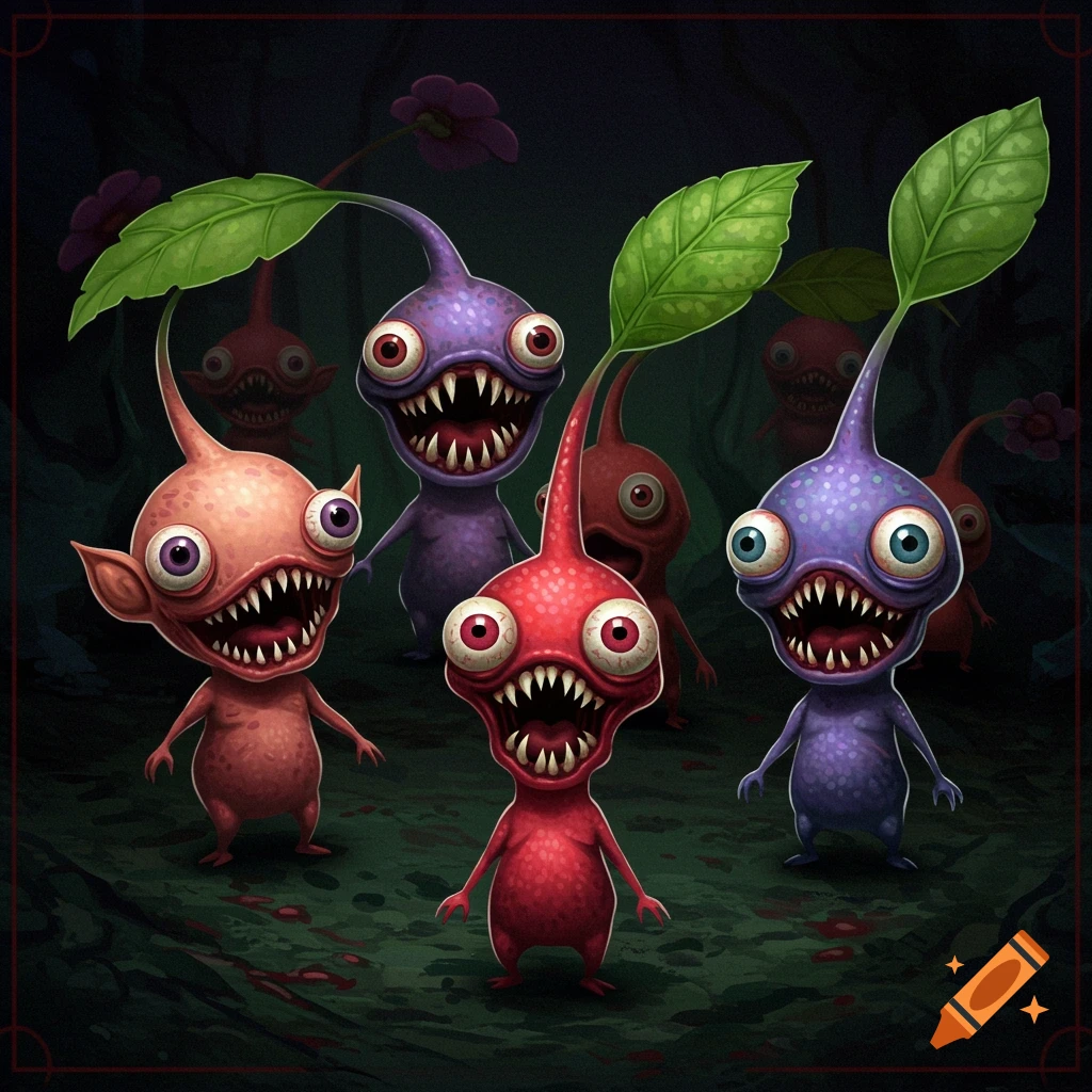 A group of creepy, monster-like Pikmin with sharp teeth and bulging eyes stand in a dark, shadowy forest.