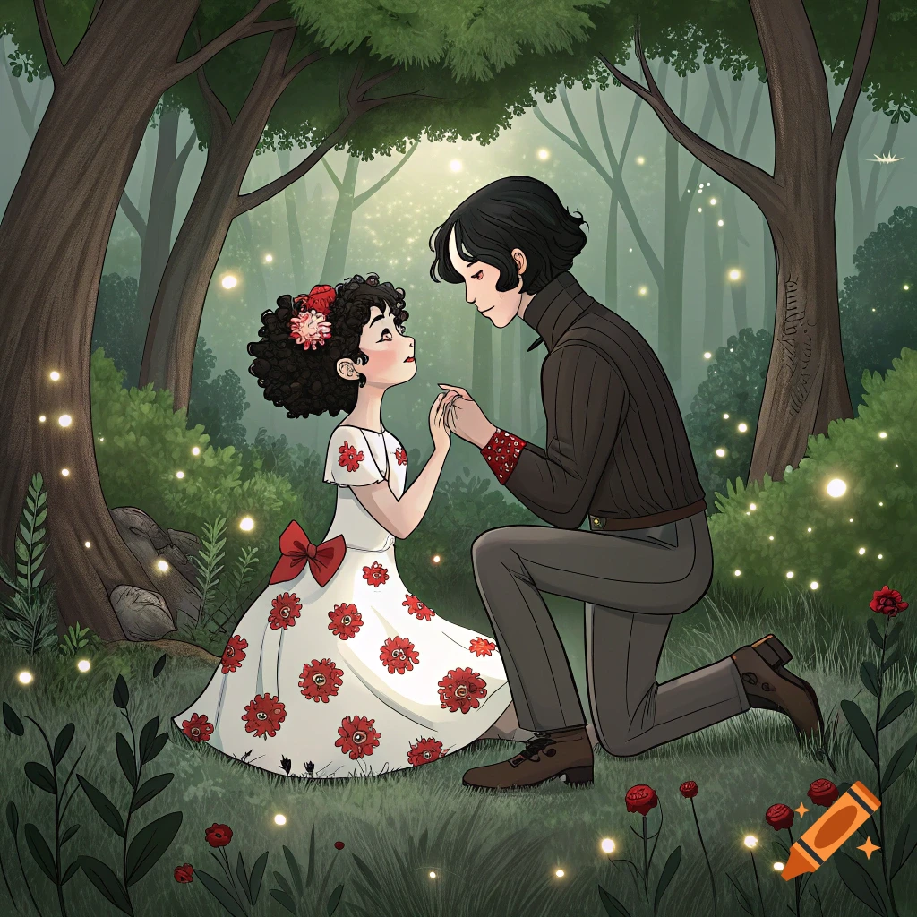 An illustration of a couple in a forest, one kneeling and holding the other's hands, surrounded by glowing lights.