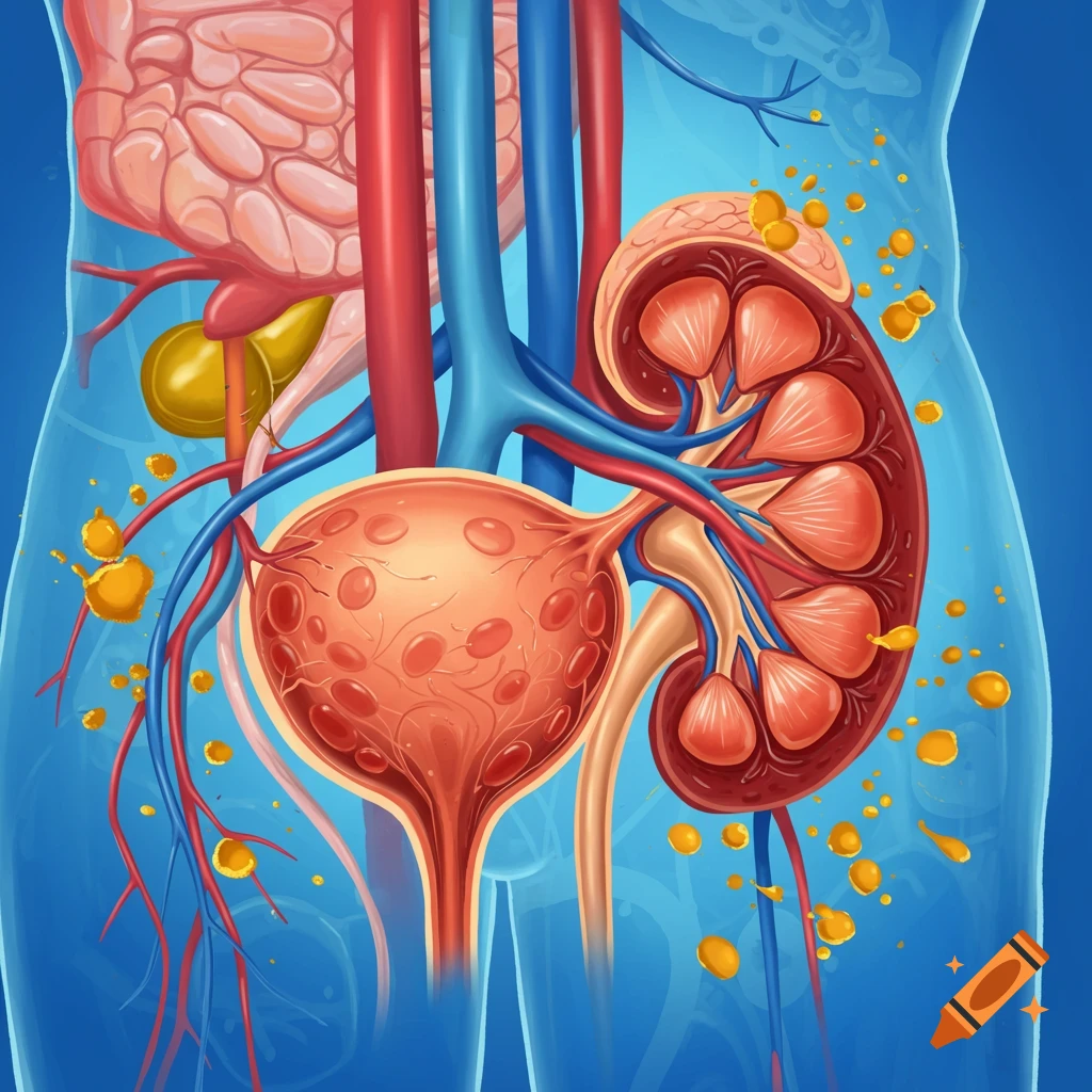 Illustration of the human urinary system including kidney and bladder.