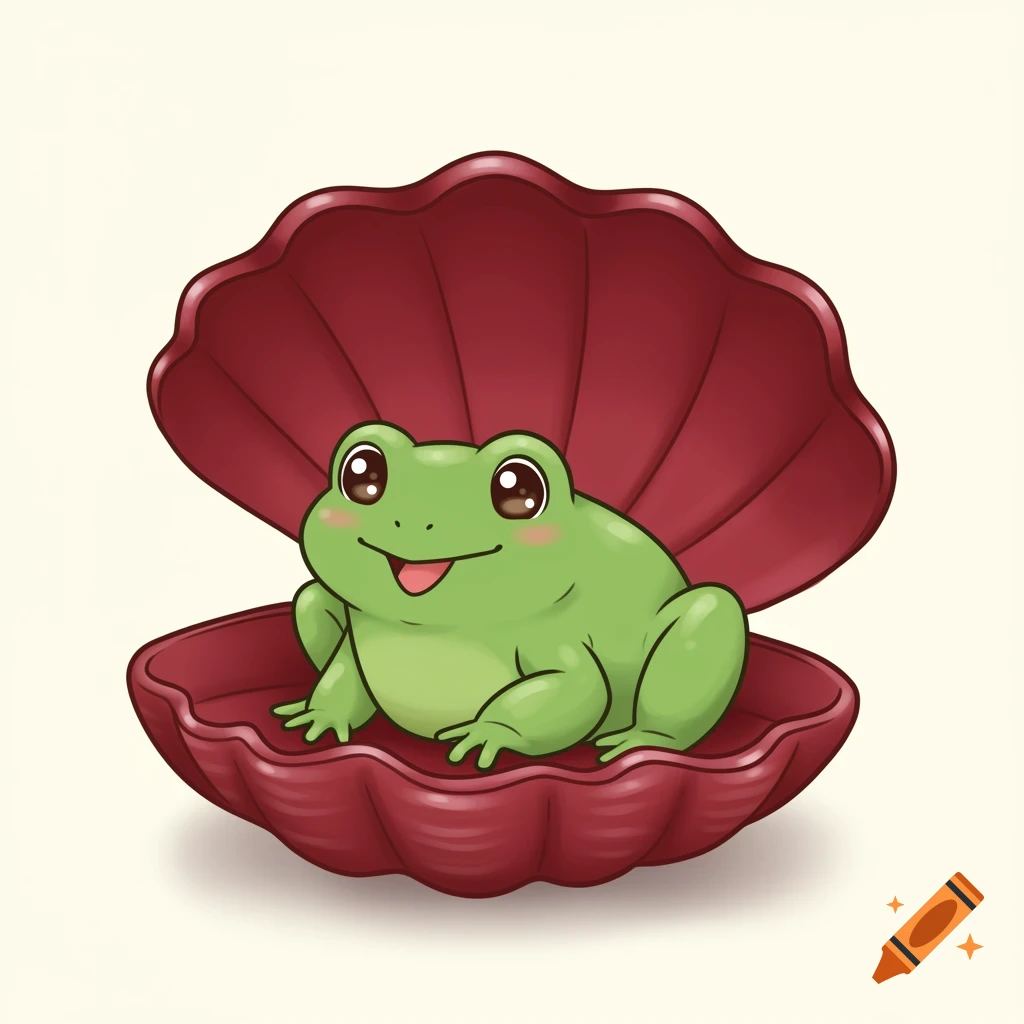 A cute cartoon frog sits in a red seashell.
