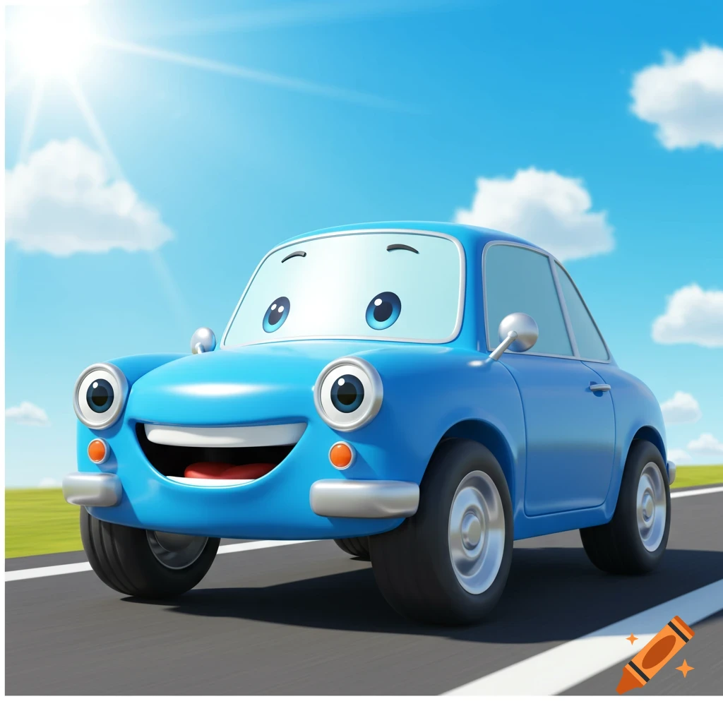 A happy blue cartoon car with big eyes and a wide smile drives on a road under a sunny blue sky.