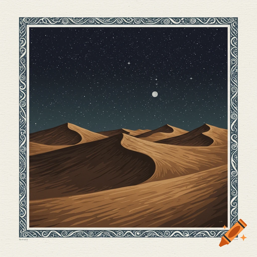 Sand dunes under a starry night sky with a moon and decorative frame.
