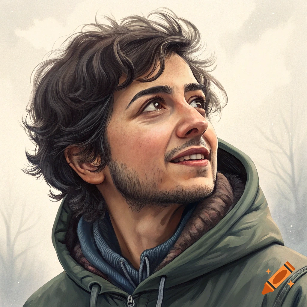 Portrait of a young man in a hooded jacket looking up, illustrative style.